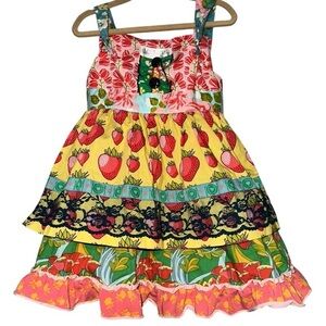 Matilda Jane Girl Size 2 Pink Yellow Goodhart Knot Strawberry Floral Apron Dress